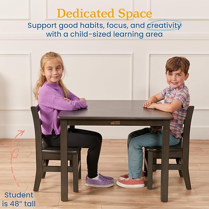 ECR4Kids 30in x 30in Square Hardwood Table and Chair Set, 12in Seat Height, Kids Furniture, Grey Wash