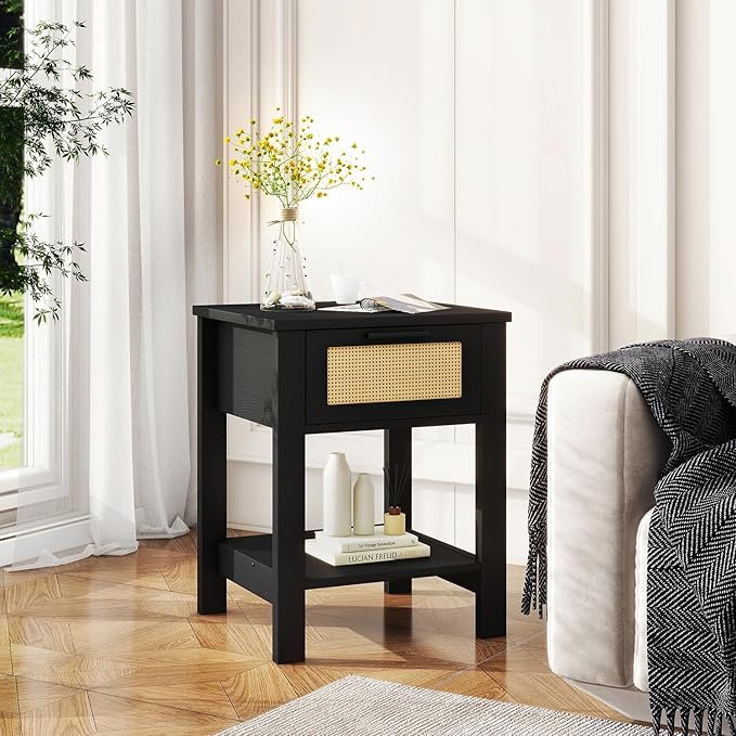 IBUYKE Rattan Nightstand Set of 2, Boho Night Stand with Drawer, Wood Bedside Tables with Storage Shelf, End Table with Legs for Bedroom, Black UWNS011B-2