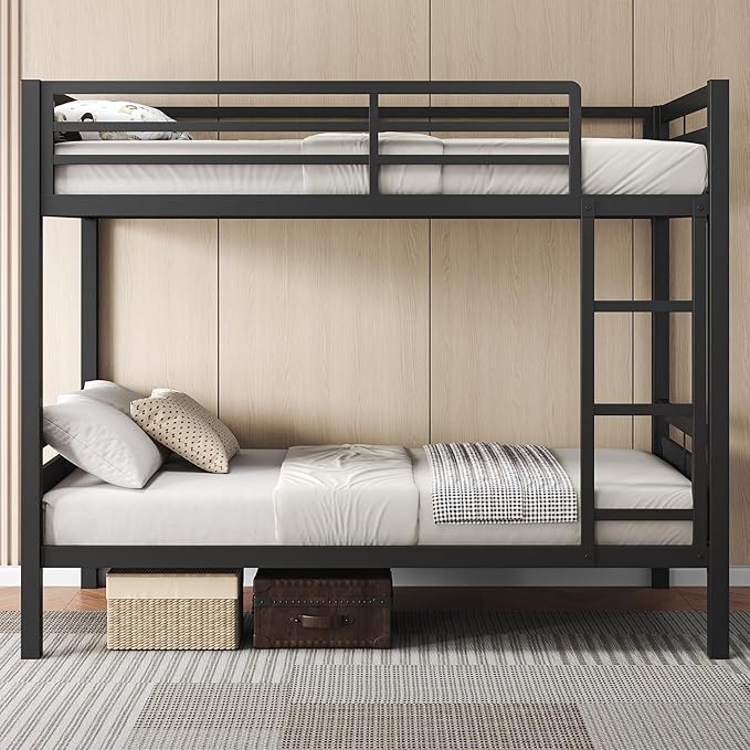 Feonase Metal Twin Over Twin Bunk Bed with Ladder and High Guardrail, Heavy-Duty Metal Slats Support, Noise Free, No Box Spring Needed, for Kids and Juniors, Black