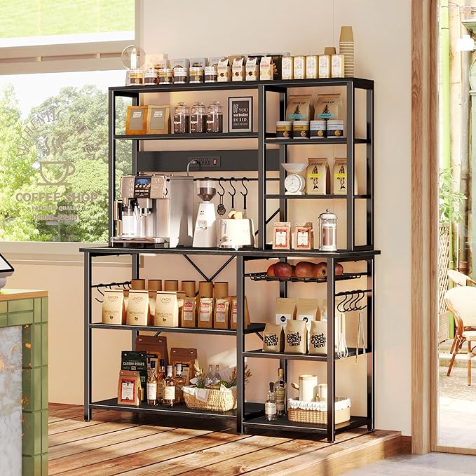 SUPERJARE Larger Bakers Rack with Power Outlets, 6-Tier Microwave Stand, Coffee Bar with 12 S-Shaped Hooks, Kitchen Shelf with Wire Basket, 47.2 x 15.5x 66.9 Inches, Black