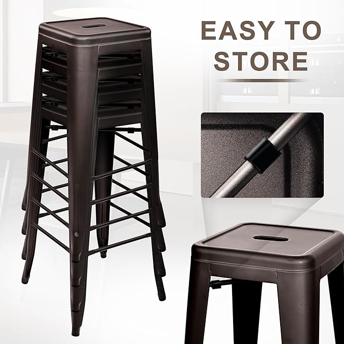 30 Inches Metal Bar Stools, High Backless Stools, Indoor Outdoor Stackable Kitchen Stools, Set of 4, Brown