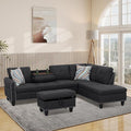L Shaped Modular Sectional Sofa with Reversible Chaise Lounge, 5-Seater Corner Couch, Linen Upholstery Convertible Sofá w/Movable Ottoman, Cup Holders, 2 Pillows and Rivet Ornament for Living Room