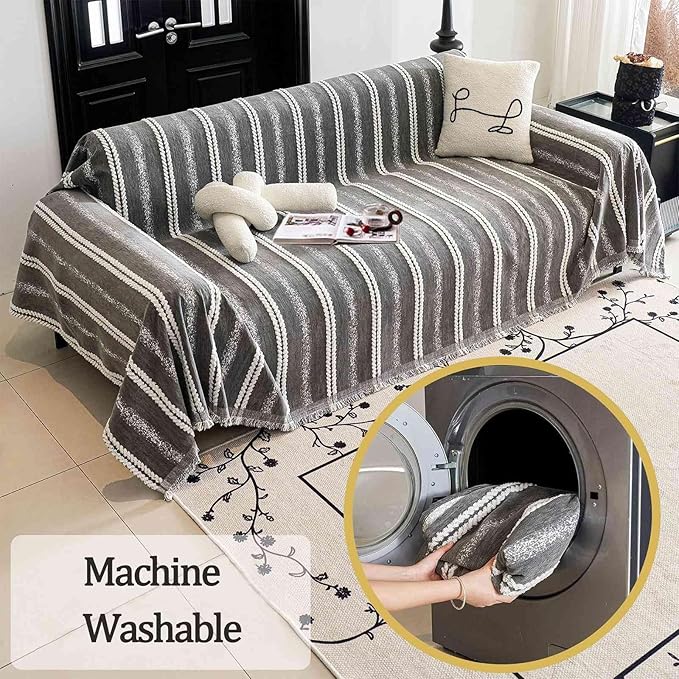 Couch Cover for Dogs Washable Sofa Cover, Sectional Couch Covers, Sofa Covers for 2 Cushion Couch, Non Slip Stripe Sofa Slipcovers Furniture Protector, Couch Protector from Cat Claws, Grey,75''x102''