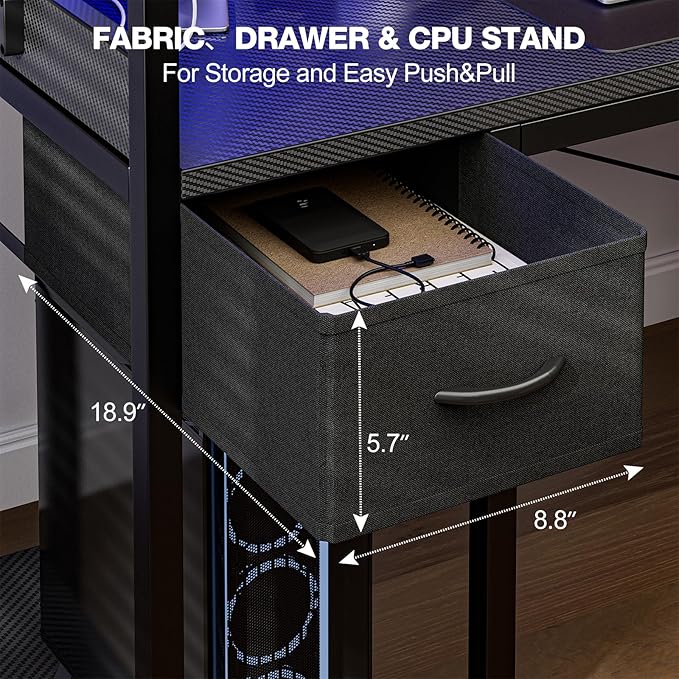 Gaming Desk 55 Inch with Power Outlet and LED Light, Computer Desk with Reversible Shelves and Storage Drawer, Pc Small Table for Home Office Table with Bag, Carbon Fiber Black