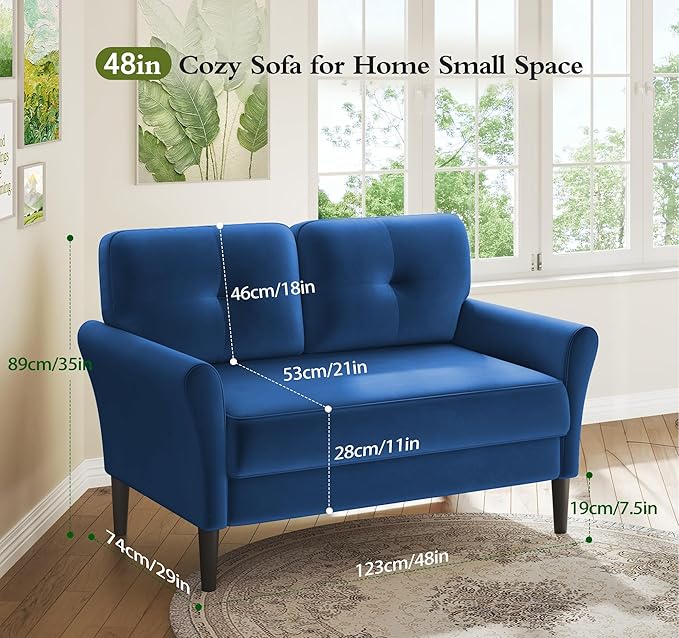 Small Sofa Couch, 48" Loveseat Sofa, Soft Velvet Love Seat Couches, Small Couch for Bedroom with 21" Deep Seat, Comfy Couches for Living Room, Tool-Free Setup Sofas for Living Room, Dark Blue