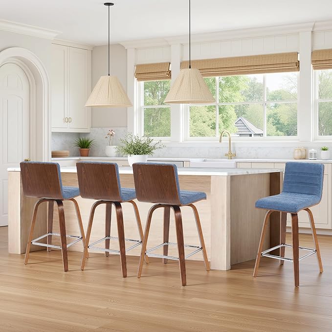 Vienna Modern Counter Height Swivel Bar Stool with Vintage Blue Upholstered Seat and Walnut Finished Wood Frame Set of 4