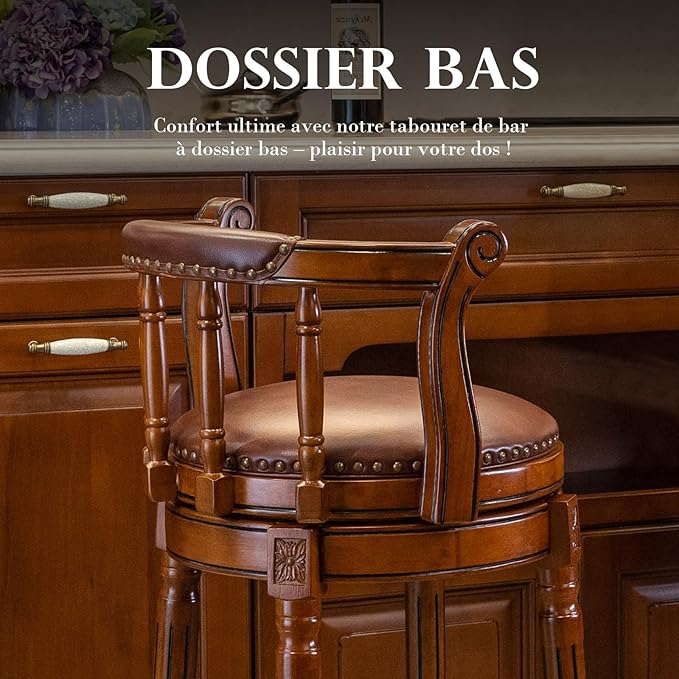 Cow top Leather Wooden Bar Stools, 360 Degree Swivel Bar Height Chair with Backs for Home Kitchen Counter, Morden Chair Barstools (Brown 1pc, Counter Height-Seat Height 26”)