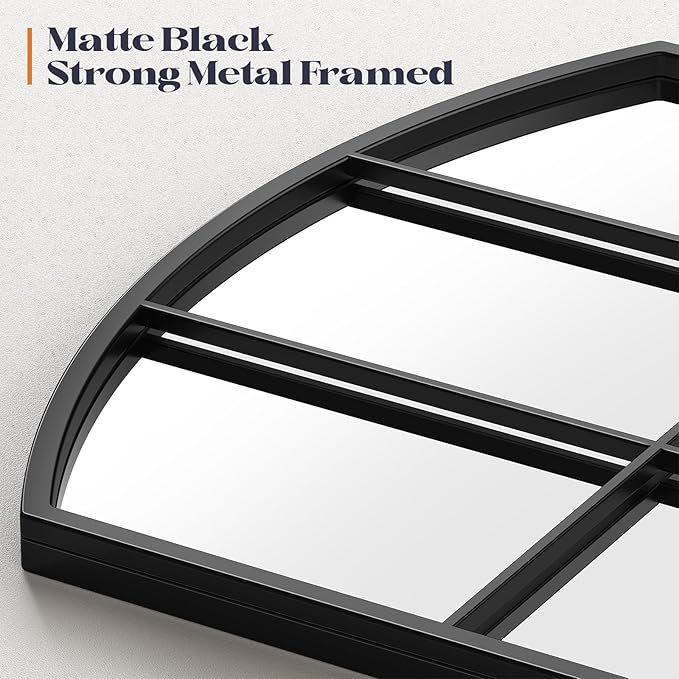 Wide Window Pane Mirror, 42" x 28" Black Arched Mirrors for Wall, Grid Wall Mirror Decorative Large Mirrors for Living Room Bedroom Farmhouse Fireplace Hallway Entryway