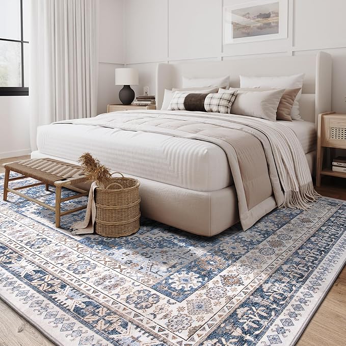 zesthome 10x14 Area Rugs,Stain Resistant Washable Rug,Ultra-Thin Rugs for Living Room,Bedroom,Non-Slip Backing Home Decor Large Area Rug (Blue/Beige,10'x14')