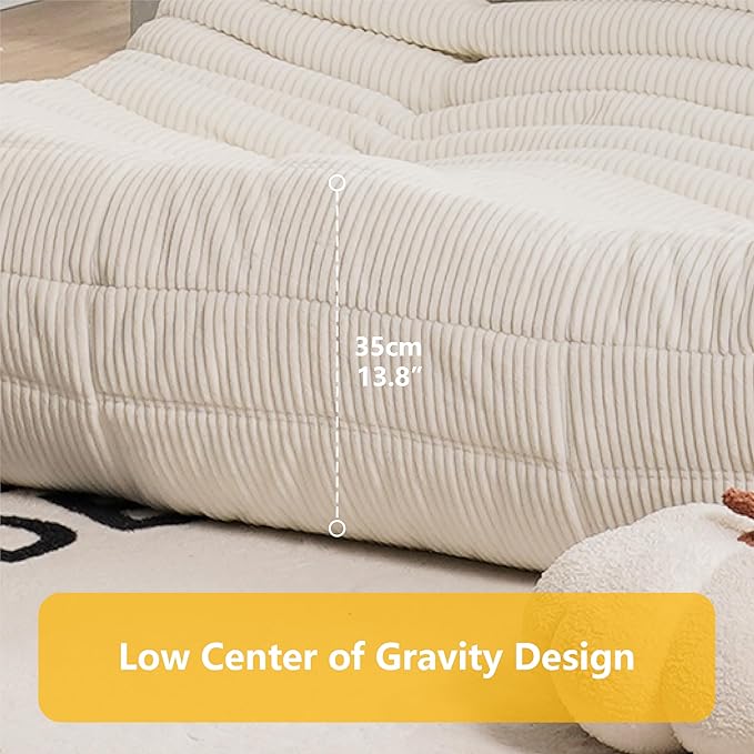 N&V Fireside Loveseat, Mid Century Armless Twin Size Floor Sofa, Soft Premium Corduroy Floor Lounge Chair, Foam Sofa Accent Chair for Living Room Bedroom and Office, Ivory, Full