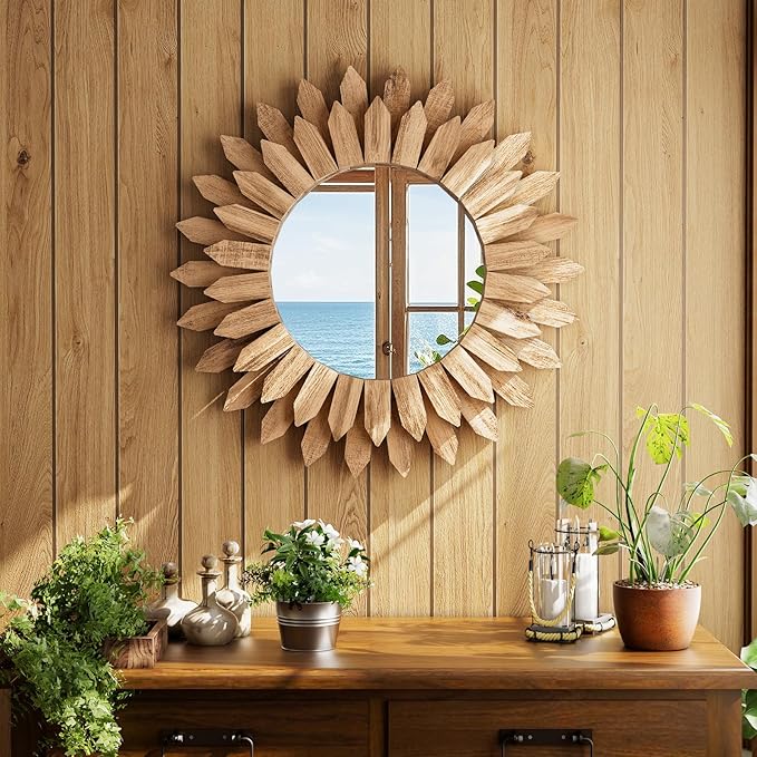 20 Inch Brown Boho Wall Decor Sunburst Mirror - Round Wooden Wall Decor, Handmade Rustic Circular Mirror for Living Room, Bedroom, Entryway, Office