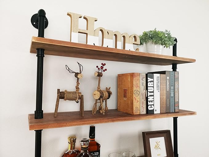 7 Tier Industrial Wall Mounted Ladder Shelf Bookcase, Rustic Wood Metal Pipe Industrial Shelves for Living Room Decor and Storage (Weathered Brown, 7 Tier - 10" D x 36" W x 95.5" H)