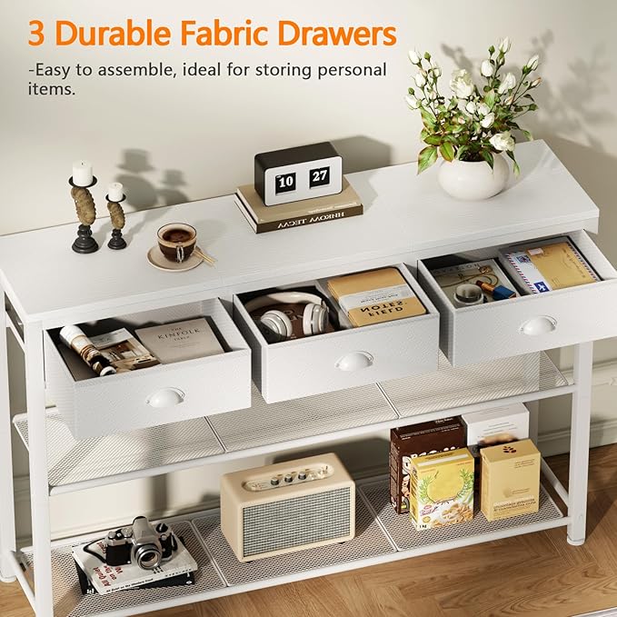 Furologee White Entryway Table, 38'' Console Sofa Table with 3 Fabric Drawers, Industrial Entry Way Table with Storage Shelves, Display Shelf for Living Room, Hallway, Entrance, Foyer