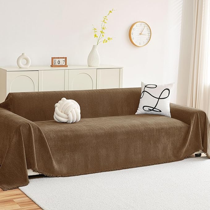 hyha Couch Cover for Dogs, Boho Sofa Covers for 3 Cushion Couch Washable, Chenille Sofa Slipcover for Pets, Soft Loveseat Sectional Couch Throw Blankets with Tassels (Chocolate, 71x150 Inch)