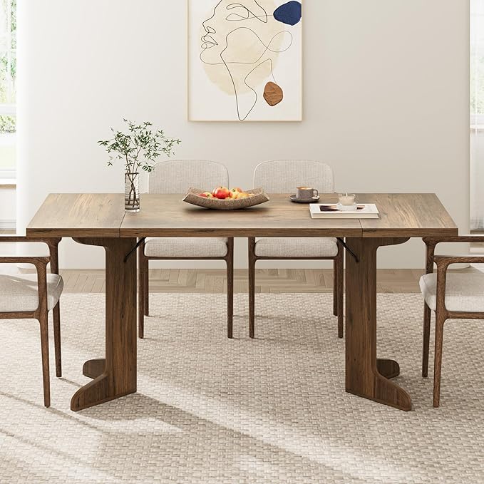 71" Large Dining Table for 6, Farmhouse Kitchen Table with Padded Top and Unique V-Shaped Feet, Rectangular Wooden Dining Table for 8 People for Home, Dining Room, Kitchen, Office, Walnut