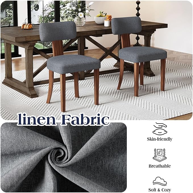 Mid Century Modern Dining Chairs Set of 2, Linen Upholstered Kitchen Chairs with Curved Backrest & Adjustable Legs for Living Room/Bedroom/Lounge, Easy to Install, Grey Linen
