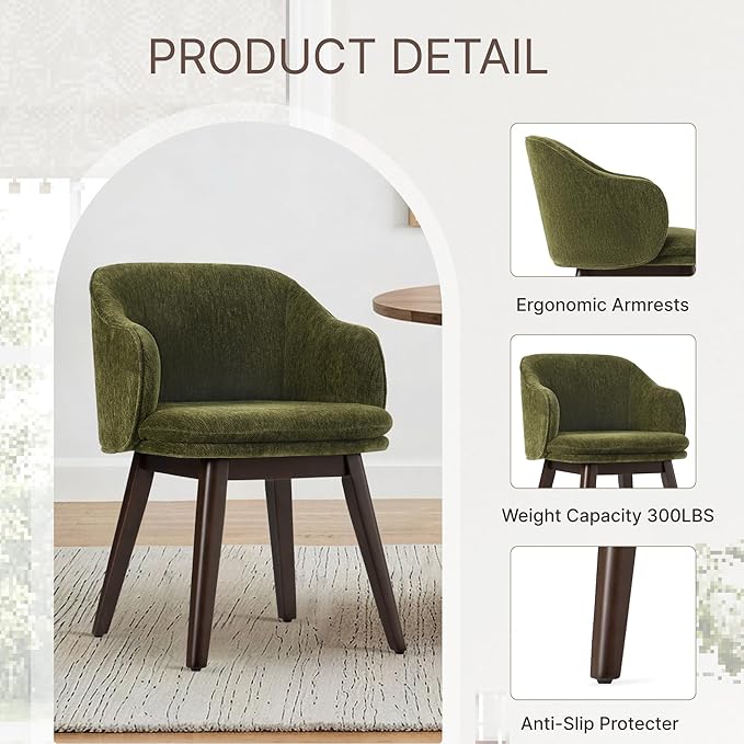 Wooden Dining Chairs Set of 4, Fabric Upholstered Modern Dining Room Chairs with Barrel Backrest & Double-Layer Thick Cushion for Living Room, Restaurant, Kitchen and Café, Green, 2 Boxs