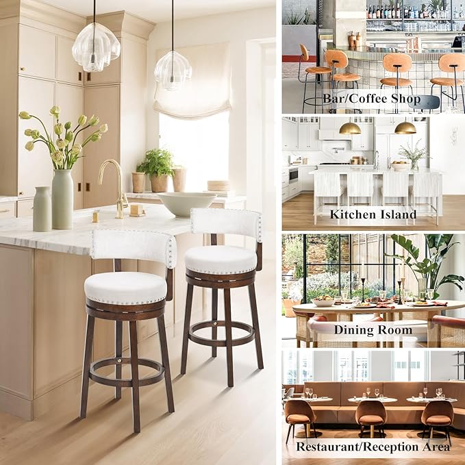 COLAMY Swivel Bar Stools Set of 4, Swivel Counter Height Barstools, 30 Inch Upholstered Barstools for Kitchen Island Dining Room Bar, Beige