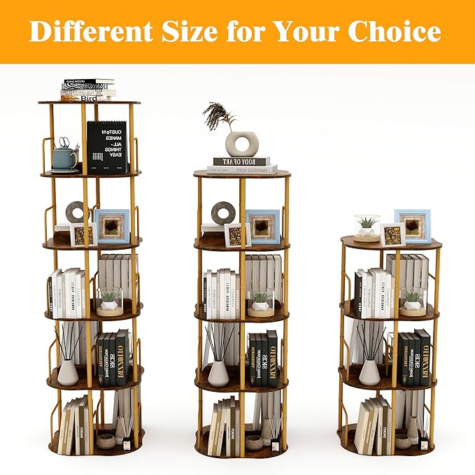 3-Tier Rotating Bookshelf, 360 ° Display Stackable Spinning Bookshelf Tower, Narrow Space Saving Tall Floor Standing Swivel Bookcase Corner Organizer for Bedroom, Living Room, Gold