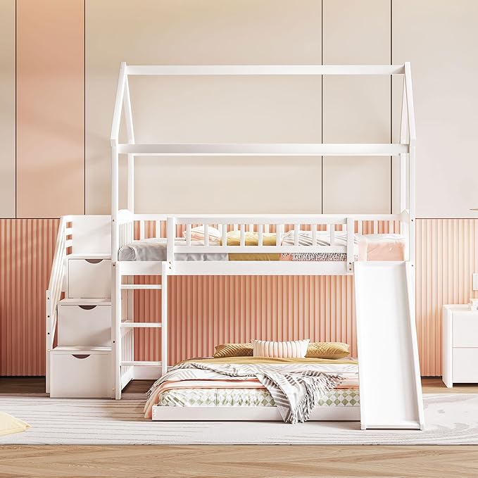 Ball & Cast Twin Over Twin Size House Bunk Bed with Slide and Storage Steps,Wood Bunkbed w/Full-Length Guard Rail & Ladder,Slat Support,Space Saving,Bedroom Furniture for Student Dorms,White