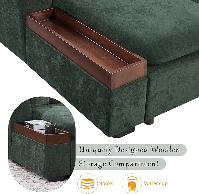 Merax 93.7" L-Shaped Sectional Sofa with Wooden Storage Compartment, Chenille Upholstered Deep Seating Sleeper Couch & Chaise Lounge and Throw Pillows for Living Room, Green