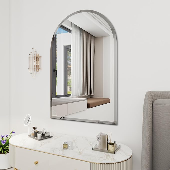Arched Bathroom Mirror, 24X40 inch Arched Frameless Mirror, Arch Wall Mirror，Frameless Mirrors for Bathroom,Beveled Bathroom Mirror.