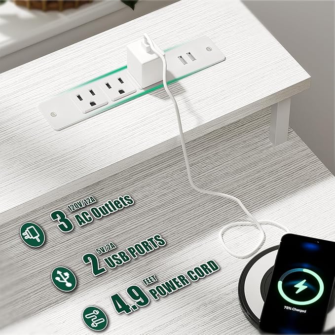 55 Inch Computer Gaming Desk with Power Outlets LED Lights, Reversible Home Office with Adjustable Fabric Storage Drawers for Working Writing Study, White