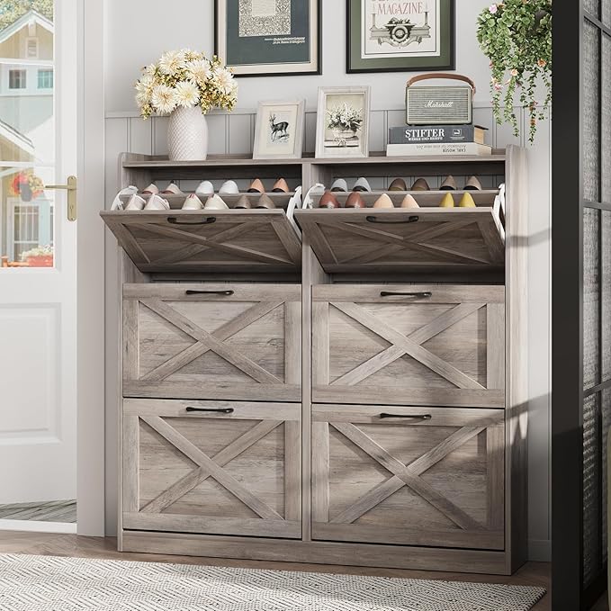 Maupvit Large Shoe Storage Cabinet with 6 Flip Drawers, Freestanding Shoe Organizer with Metal Handles for Entryway, Narrow Shoe Rack Cabinet, Washed Gray