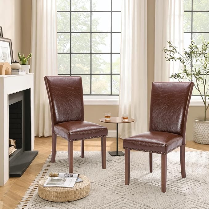Parsons Dining Chairs Set of 4, Upholstered Nailhead PU Leather Dining Room Kitchen Side Chair with Thick Cushions and Wood Legs, Light Brown