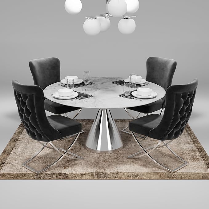 Ottomanson Royal Dining Chairs Set of 8 – Upholstered Tufted Microfiber, Assembled, Silver Metal Legs, Beech Wood Frame, 350 lb Capacity, Gray
