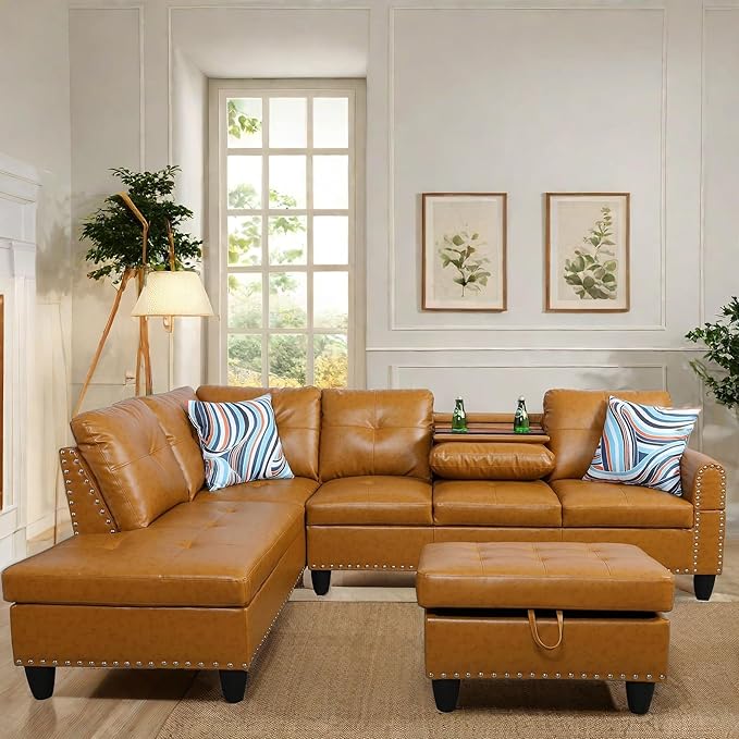 L Shaped Sectional Couch with Otttoman, 97" Leather Sectional Sofa for Living Room Modular Couches with Cup Holders for Bedroom, Apartments, Ginger
