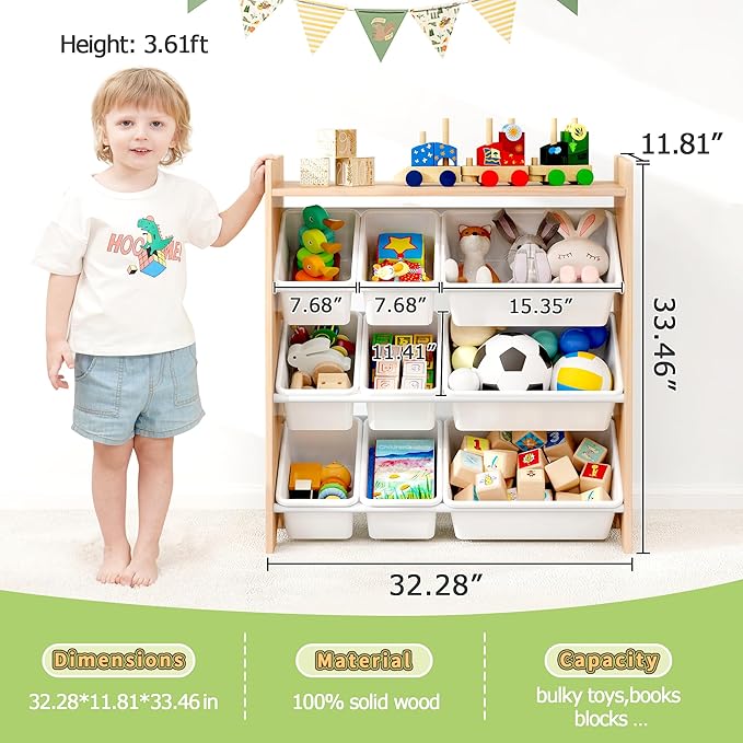 MallBest 4-Tier Kids' Toy Storage Organizer Shelf - 100% Solid Wood,Children's Storage Cabinet with 9 Plastic Bins