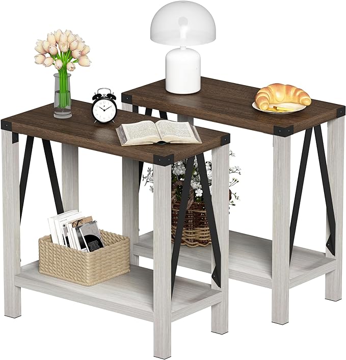 ChooChoo Farmhouse End Table Set of 2, Narrow Side End Table with Storage Shelf, Rustic A-Design Nightstand Sofa Table for Living Room, Bedroom(White&Brown)