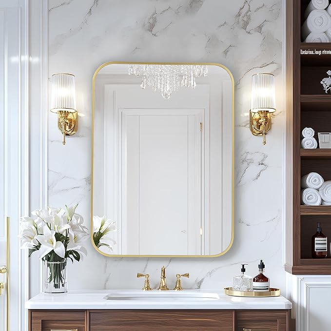 MZON 20x30 Inch Brushed Gold Vanity Mirror, Rectangle Bathroom Mirrors for Over Sink, Anti-Rust Frame & Tempered Glass, Hangs Horizontally/Vertically - Ideal for Small Bathroom or Powder Room