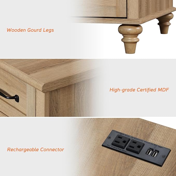WAMPAT End Table with Charging Station, Wood Side Table with Drawer and Storage Cabinet, Modern End Table with Power outlets USB Ports for Living Room Bedroom, Oak