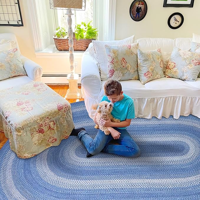 Homespice Denim Jute Blue 6x9' Oval Braided Rugs for Living Room, Bedroom Rug and Dining Room. Pet Friendly. Decor Styles- Farmhouse Rug, Rustic, Vintage, Cottage, Primitive, Country, Boho Rug