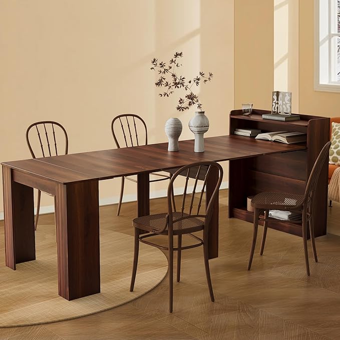 Expandable Dining Table, Convertible Table for Dining Room, Kitchen and Small Spaces, for 2-7 People(with Storage Shelf), Walnut Brown