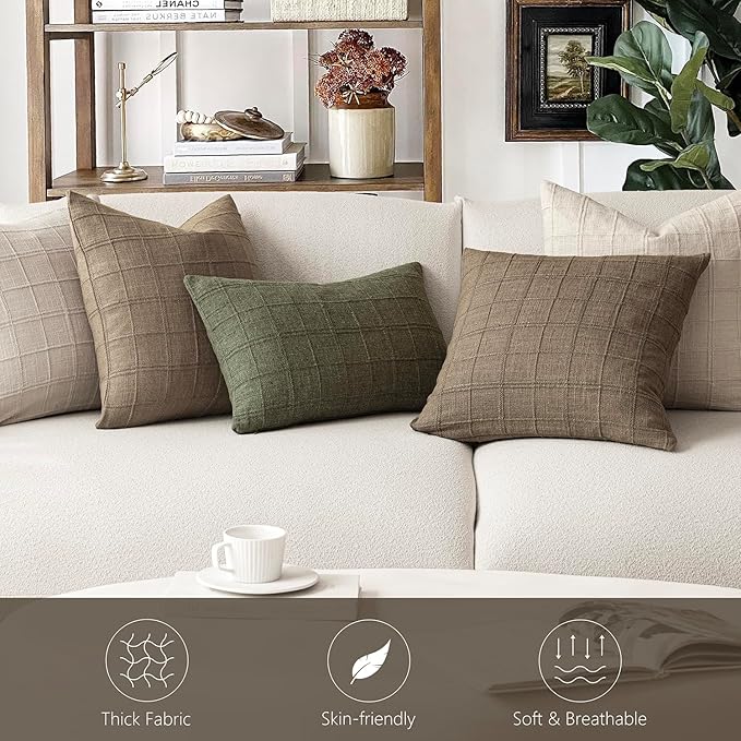 Foindtower Set of 2 Decorative Linen Check Throw Pillow Covers Neutral Farmhouse Lumbar Cushion Covers Modern Boho Home Decor for Sofa Chair Couch Bedroom Living Room Outdoor,12×20 Inch,Light Brown