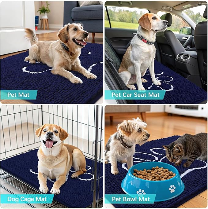 OLANLY Door Mat for Muddy Dog Paws 47x32, Ultra Absorbent Chenille Mud Doormat with Paw Print Design, Non-Slip Washable Doormat for Indoor Entryway, Quick-Dry Pet Bed Mats for Dirty Dogs, Navy Blue