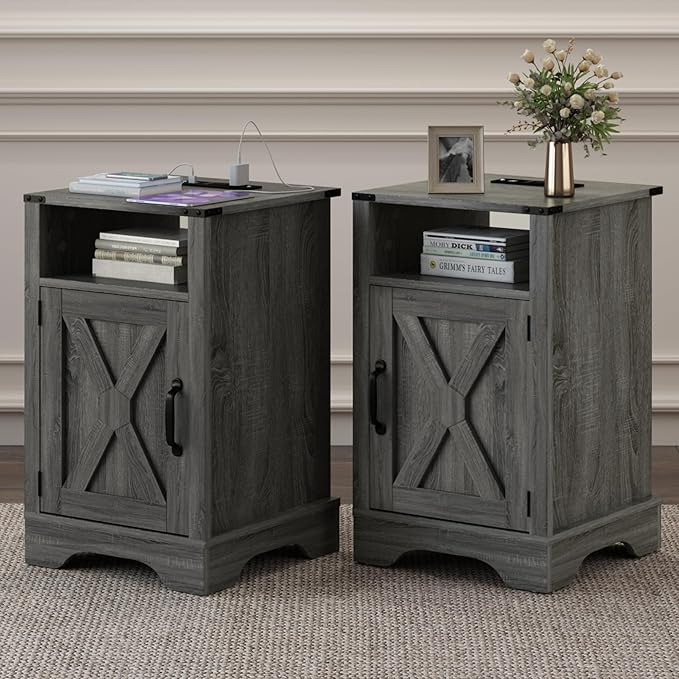 RoyalCraft Nightstand Set of 2, Grey End Table with Charging Station, Tall Farmhouse Bedside Table with Large Storage and Shelf, Wooden Side Table with for Bedroom, Home Office, Dark Grey