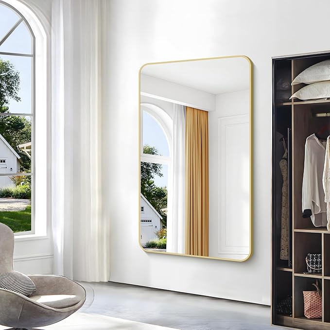 BONEWEI Gold Bathroom Mirror,60x36 inch Wall Mirror for Bathroom Wall Mounted,Round Rectangle Mirror for Bathroom Over Sink,Modern Frame for Home Decor Living Room,Bedroom Entryway,Horizontal/Vertical