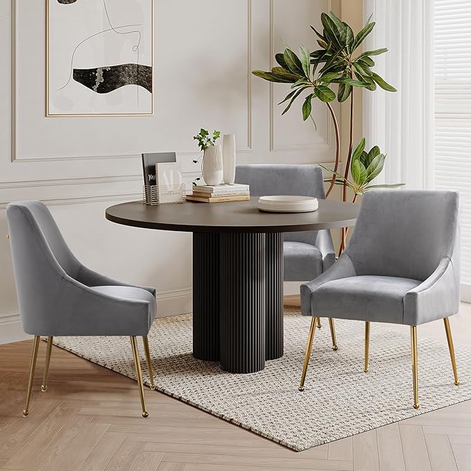 Modern Velvet Dining Chairs Set of 2, Contemporary Upholstered Furniture Collection with Polished Gold Metal Legs, Elegant Accent Chairs for Kitchen Living Room(Grey)
