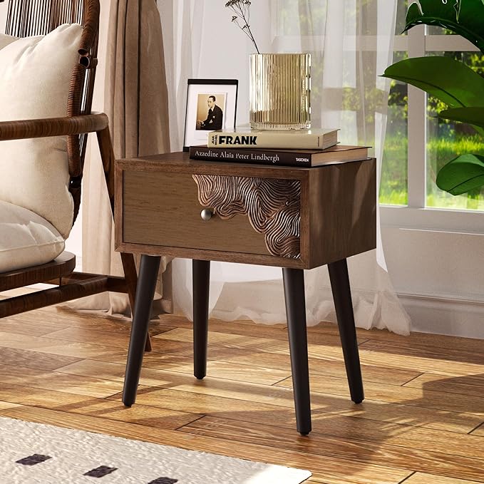 COSIEST Nightstand Set of 2, Mid Century Modern End Table with Storage Drawer, Accent Side Table, Vintage Wood Luxury Night Stand Small Wood End Table for Bedroom, Living Room, Walnut