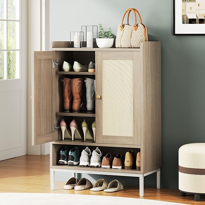 Rattan Shoe Cabinet Storage for Entryway, Shoe Cabinet with Adjustable Shelves for Entryway, 5-Tier, 20 Pair Shoe Rack Storage for Hallway, Closet, Living Room, Natural
