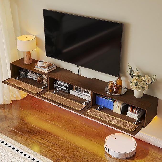 Fully-Assembled Floating TV Stand with 3 Rattan Doors, Rustic Floating Entertainment Center Under TV Shelf, Modern Large Storage Wall Mounted Media Console for Living Room Bedroom 70IN