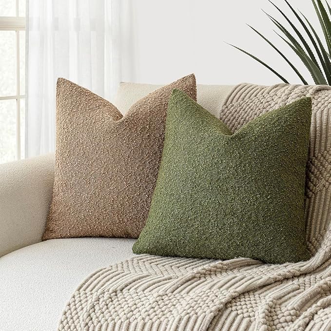 Foindtower Set of 2, Decorative Textured Boucle Throw Pillow Covers Accent Solid Pillow Cases Neutral Soft Cozy Couch Cushion Case for Chair Sofa Bedroom Living Room Home Decor 16 x 16 Inch Green