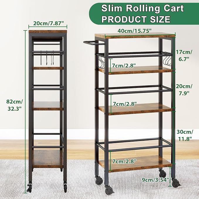 IBUYKE 7.8" Slim Rolling Cart,4-Tier Metal Kitchen Storage Cart,Trolley cart on Wheels for Narrow Space,with Handle and Wooden Tabletop,for Kitchen, Dining Room,Laundry Room,Rustic Brown UTMJ065H