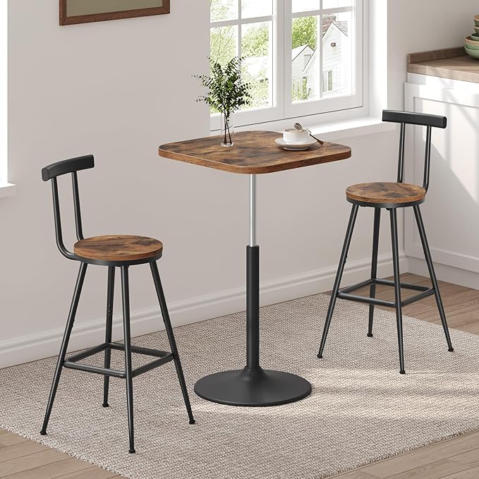 Bar Stools, Set of 2 Bar Chairs with Backrest and Footrest, 26" Tall Counter Stools, Metal Frame, Adjustable Feet, Easy Assembly, for Kitchen, Living Room, Pub, Rustic Brown BAHR6001