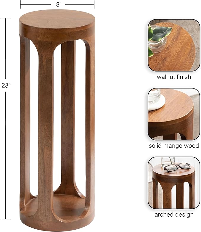 Kate and Laurel Dahl Wooden Round Drink Table; 8 x 23; Walnut Brown; Mid-Century Modern Circle Wood Accent Pedestal Table for Living Room Plant Stand or Small Bedroom Nightstand