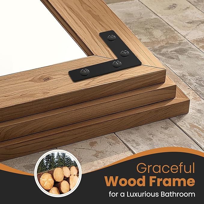 Bathroom Mirror for Wall with Wooden Frame, 20"x28" Solid Wood Vanity Mirror for Farmhouse, Bathroom, Bedroom, Vertical or Horizontal Hanging
